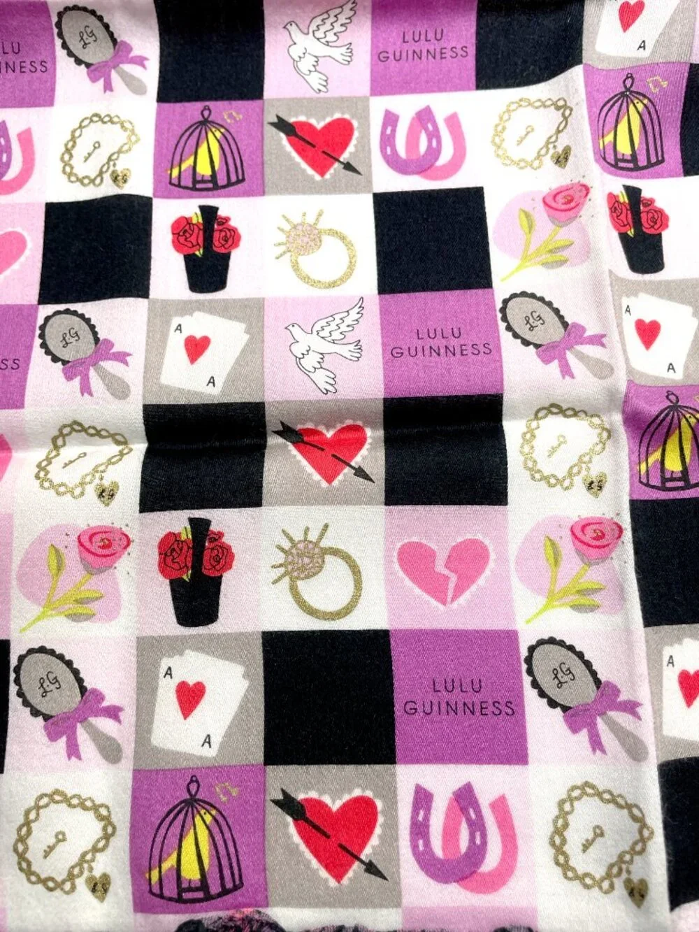 Lulu Guinness London Scarf – Retro Pink Check Pattern, Ruffle Border - Picture 6 of 12